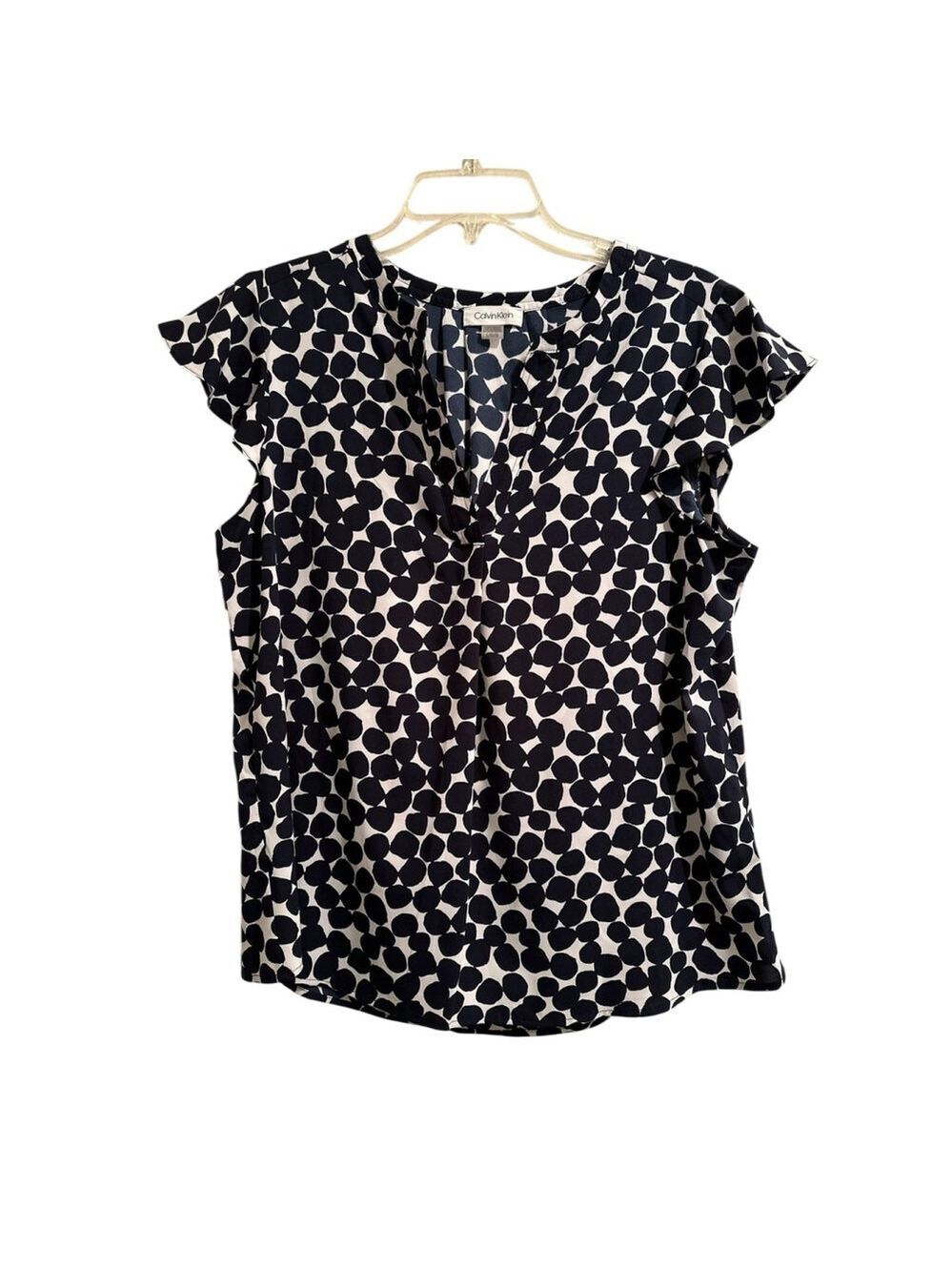 Calvin Klein Chic Career Blouse Womens L Blue & White Dots Short Flutter Sleeves - Picture 15 of 16
